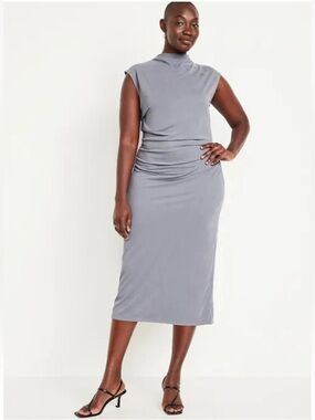 Old Navy Womens Sz XL Mock Neck Ruched Midi Dress Storm Gray Ribbed Short Sleeve